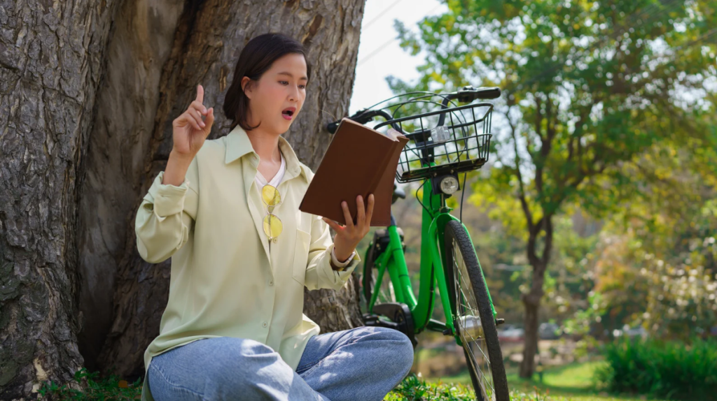 Woman exposing to the thought of fear by reading aloud